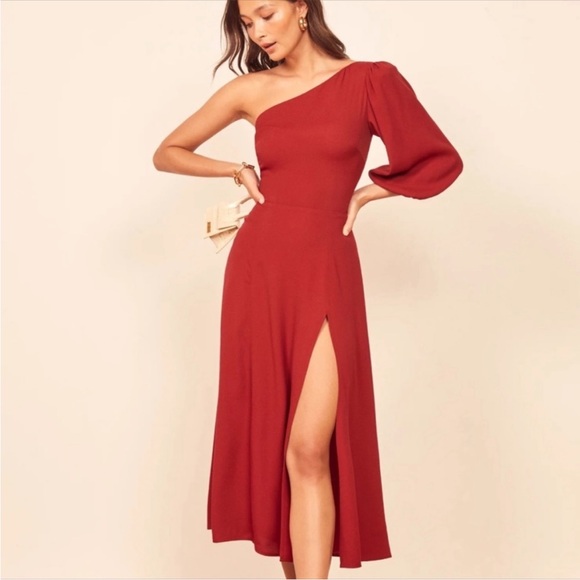 Reformation Red Lawrence One Shoulder High Slit MIDI Dress Sz 2 - Picture 3 of 10